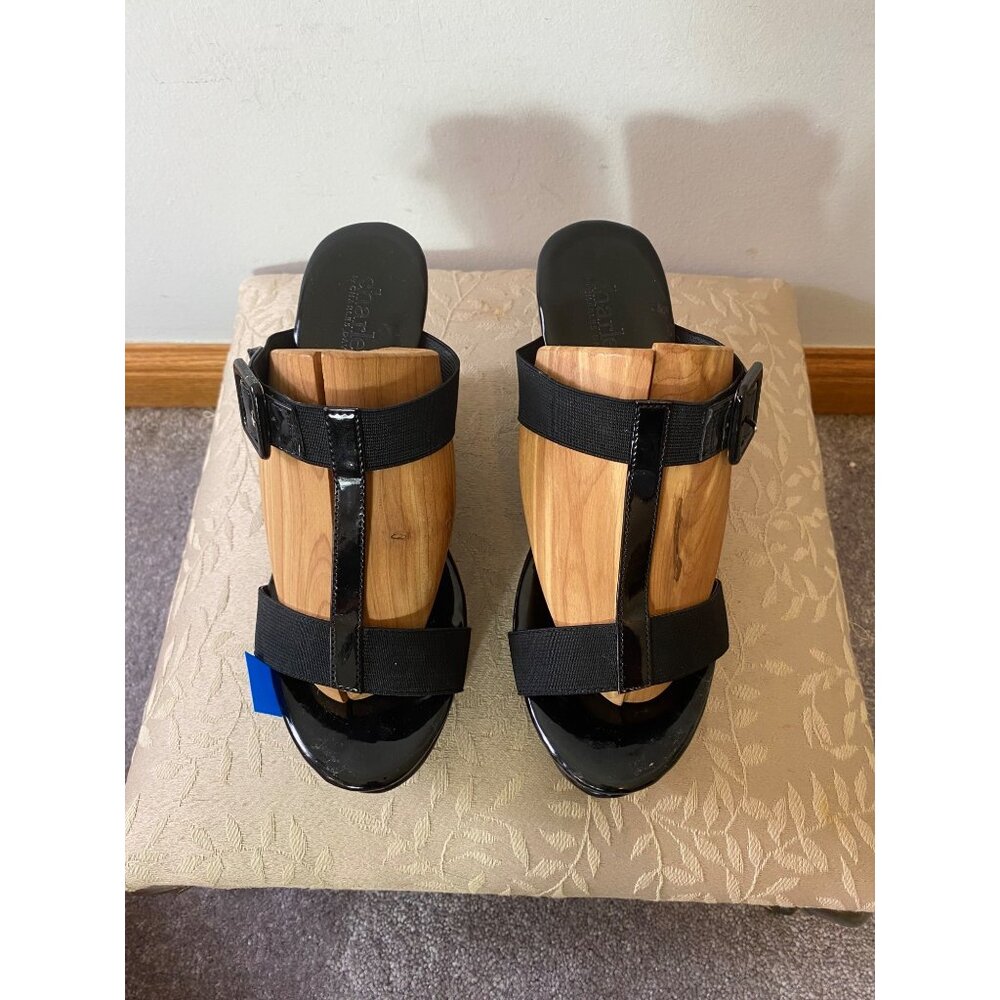 Charles David Black Patent Wedge Heels Adjustable Straps Buckles Shoes Size 7.5 - Picture 4 of 9